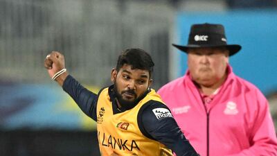 Sri Lanka's Wanindu Hasaranga celebrates the wicket of UAE's Aayan Afzal Khan in Geelong. AFP