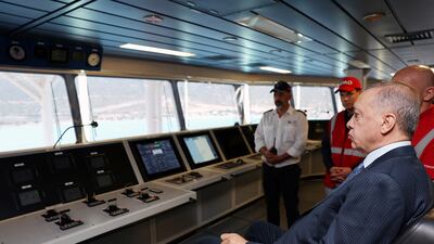 Turkish President Recep Tayyip Erdogan on board Turkey's new drill ship Abdulhamid Han. Reuters