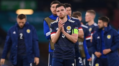 Scotland captain Andrew Robertson leads the applause of the crowd after the defeat to Croatia at Hampden Park. AFP