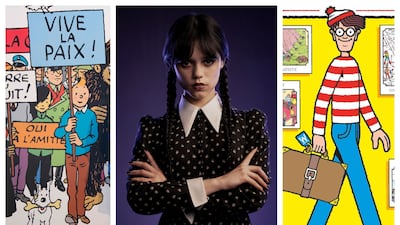 From left, Tintin, Wednesday Addams and Wally are simple costume ideas for World Book Day that can be created at home. Photos: Matthias Clamer; Netflix; Ian Langsdon, Candlewick
