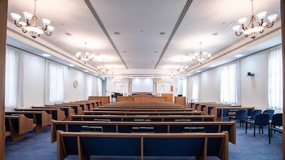 Inside the worship area of the Church of Jesus Christ of Latter-Day Saints, Abu Dhabi. Ruel Pableo for The National
