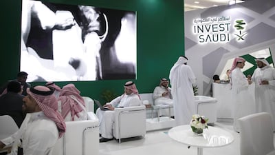 INVEST SAUDI stand at Arab Health, one of the region's biggest healthcare conferences. (Photo by Reem Mohammed/The National)