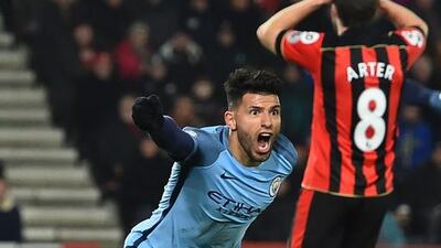 Manchester City's Argentine striker Sergio Aguero celebrates after scoring a goal against Bournemouth. Glyn Kirk / AFP
