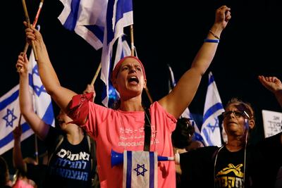 People take part in a demonstration against Israeli Prime Minister Benjamin Netanyahu and his nationalist coalition government's judicial overhaul on Saturday. Reuters