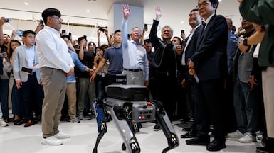 Nvidia chief executive Jensen Huang and Hyundai executive chairman Euisun Chung attend a demonstration of a Hyundai Spot robot in Seoul. Reuters