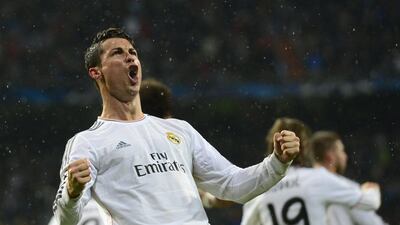 Cristiano Ronaldo and Real Madrid had plenty to celebrate in a 3-0 win over Borussia Dortmund in their quarter-final, first leg Uefa Champions League match at the Santiago Bernabeu on April 2, 2014. Javier Soriano / AFP