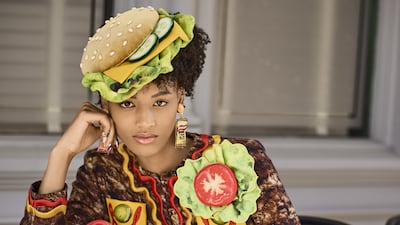 Moschino Spring/Resort 2022 offered a jacket, skirt and marching hat that resembled a burger. Courtesy Moschino