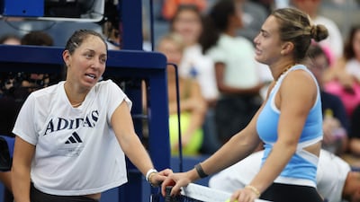 Jessica Pegula, left, and Aryna Sabalenka chat at practice ahead of the US Open - the two will now square off in the semi-final. AFP