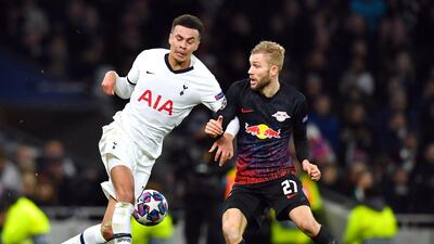 Leipzig's Konrad Laimer in action with Tottenham's Dele Alli, who had a frustrating night. Reuters