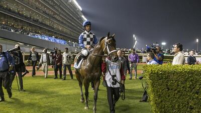 Polar River with jockey Patrick Dobbs and trainer Doug Watson. (Photo: Antonie Robertson/The National)