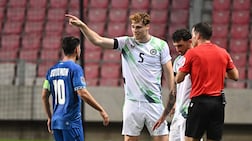Israel captain Manor Solomon, left, clashes with Republic of Ireland defender Jake O'Brien. AFP