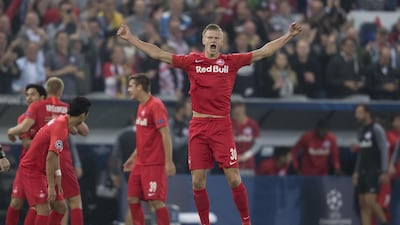 Erling Haaland of FC Salzburg celebrates after making it 1-0 against Genk. Getty Images