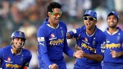 Rajasthan Royals' Ajit Chandila, second left, celebrates his hat trick against Pune Warriors during their Indian Premier League (IPL) cricket match in Jaipur, India, Sunday, May 13, 2012. (AP Photo) INDIA OUT *** Local Caption *** India IPL Cricket.JPEG-0ed52.jpg