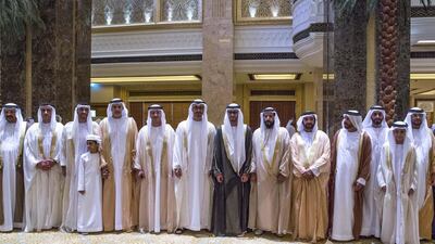 From left: Sheikh Saeed bin Mohammed Al Nahyan, Sheikh Saif bin Zayed, Deputy Prime Minister and Minister of Interior, Sheikh Nahyan bin Zayed, Chairman of the Board of Trustees of Zayed bin Sultan Al Nahyan Charitable and Humanitarian Foundation, Sheikh Khalifa bin Saif, Sheikh Hazza bin Zayed, National Security Advisor and Vice Chairman of the Abu Dhabi Executive Council, Sheikh Mohammed bin Zayed, Crown Prince of Abu Dhabi and Deputy Supreme Commander of the UAE Armed Forces, Sheikh Tahnoon bin Hamad, Sheikh Tahnoon bin Mohammed, the Ruler’s Representative in the Eastern Region, Sheikh Saif bin Mohammed, Sheikh Suroor bin Mohammed Al Nahyan, Sheikh Hamad bin Tahnoon and Sheikh Mohammed bin Butti Al Hamed at the reception. Donald Weber / Crown Prince Court - Abu Dhabi