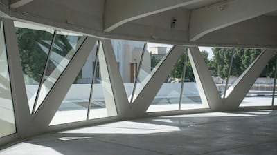 Inside the restored Flying Saucer with its distinctive V-shaped pillars.