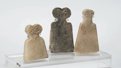 Part of the Fitzwilliam collection, these three eye idols, made of alabaster and dating to around 3200BC, were displayed alongside Kourbaj's 'Don't Wash Your Hands' installation. Courtesy The Fitzwilliam Museum
