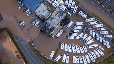 A flooded motorhome dealership is seen following Storm Dennis at Symonds Yat, Herefordshire, England. Getty Images