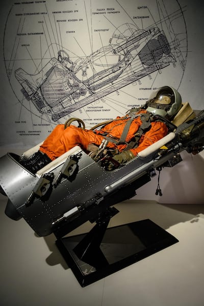 The Vostok SK-1 spacesuit and Vostok VZA ejection seat as used in 1960s-era Russian spacecraft. AFP