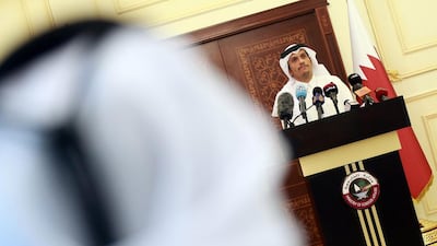 Qatar’s foreign minister Mohammed bin Abdulrahman Al Thani holds a press conference in Doha on May 25, 2017 after the Gulf state accused hackers of attributing false remarks to the emir on state media. Karim Jaafar / AFP