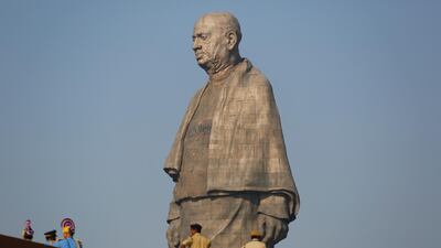 Indian policemen gather next to the Statue of Unity at Kevadiya colony in Gujarat state, India. AP Photo
