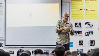 Italian adventurer Max Calderan held Year 6 students at Emirates International School in thrall with stories of his world records, and his recent trek from the Saudi Arabian border, through the UAE, finishing at the Omani border. Alex Atack for The National