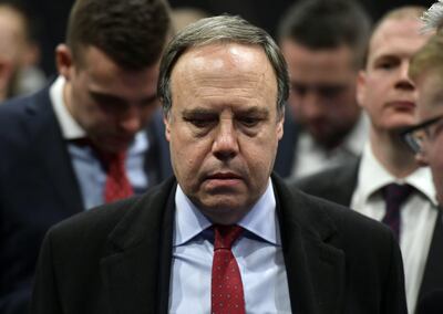 BELFAST, NORTHERN IRELAND - DECEMBER 13: DUP Westminster leader Nigel Dodds reacts after losing his seat as Sinn Fein candidate John Finucane is declared the winner in the Belfast count centre on December 13, 2019 in Belfast, United Kingdom. The current Conservative Prime Minister Boris Johnson called the first UK winter election for nearly a century in an attempt to gain a working majority to break the parliamentary deadlock over Brexit. The election results from across the country are being counted and an overall result is expected in the early hours of Friday morning. (Photo by Charles McQuillan/Getty Images)