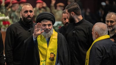 Hashem Safieddine, senior Hezbollah official and prospective leader, attends the funeral ceremony of Fouad Shukr, a commander of the group, in Beirut's southern suburbs on August 1, 2024. AFP