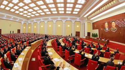A photo released by the North Korean Central News Agency (KCNA) shows a plenary meeting of the Central Committee of the Workers' Party of Korea held under the guidance of Kim Jong-un in Pyongyang on April 20, 2018. EPA