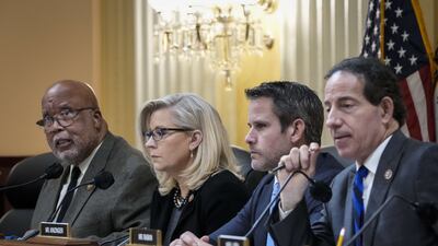 Bennie Thompson meets Liz Cheney, vice-chair of the select committee, Adam Kinzinger and Jamie Raskin on Capitol Hill. The committee voted unanimously to recommend contempt of Congress charges for former Department of Justice official Jeffrey Clark for defying his subpoena, refusing to answer questions and failing to hand over documents to the committee. Getty Images / AFP