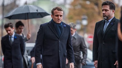 French President Emmanuel Macron (C) arrives to lays a wreath in front of the statue of Georges Clemenceau in Paris, France, 11 November 2019, as part of the commemorations marking the 101st anniversary of the 11 November 1918 armistice, ending World War I (WWI). EPA/CHRISTOPHE PETIT TESSON / POOL