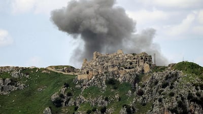 Israeli bombardment of the village of Yohmor in southern Lebanon behind the 12th century Crusades-era Beaufort Castle on May 6. AFP