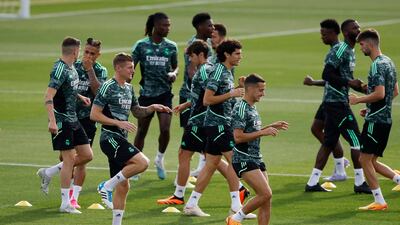 Real Madrid's Toni Kroos and Lucas Vazquez during training. Reuters