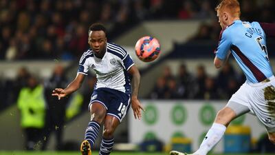 West Bromwich Albion striker Saido Berahino plays a free kick during an FA Cup match against Gateshead in January. Shaun Botterill / Getty Images / January 3, 2015