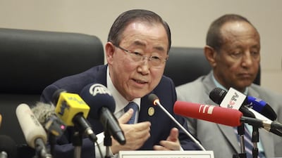 United Nations Secretary-General Ban Ki-moon speaks at a press briefing during the 26th African Union Summit at the African Union Headquarters in Addis Ababa, Ethiopia, on January 31. In a piece published in the New York Times, Ban called for a freeze on settlement activity in Israel. Solan Kolli / EPA
