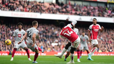 Arsenal's Eddie Nketiah scores his side's second. PA