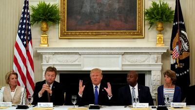 US President Donald Trump addressing a lunch meeting with Senate Republicans to discuss healthcare at the White House in Washington, on July 19, 2017. Left to right: Senators Shelley Moore Capito,(West Virginia) Dean Heller (Nevada), Tim Scott (South Carolina) and Lisa Murkowski (Arkansas). Kevin Lamarque / Reuters