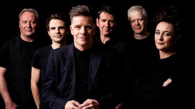 Ricky Ross, centre, and Lorraine McIntosh, far right with Deacon Blue, who are performing in Dubai at The Irish Village tonight. Paul Cox