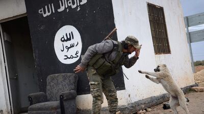 A fighter from the Free Syrian Army plays with a dog at a checkpoint which they'd captured from Islamic State (IS) group jihadists near the town of Qabasin, located northeast of the city of Al-Bab, some 30 kilometres from Aleppo. Nazeer al-Khatib / AFP