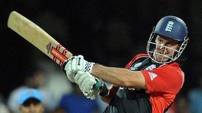 England cricket captain Andrew Strauss plays a shot against India as they chase 339 runs to win.