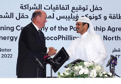 QatarEnergy chief executive Saad Al Kaabi and Ryan Lance, ConocoPhillips chief executive, in June 2022. AFP