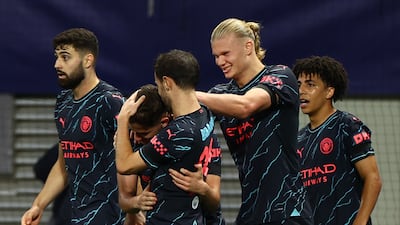 Manchester City's Julian Alvarez celebrates scoring their second goal with Erling Haaland, Bernardo Silva, Josko Gvardiol and Rico Lewis. Reuters