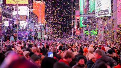 Confetti flies around in Times Square during the New Year's Eve celebrations, in New York City. Reuters