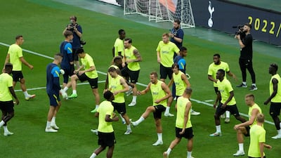 Tottenham's players warm up during a training session ahead of the exhibition match against Team K-league at Seoul World Cup Stadium in South Korea. AP Photo