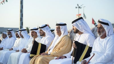 Sheikh Hamed bin Zayed, Chairman of the Crown Prince Court of Abu Dhabi and Abu Dhabi Executive Council Member (5th R) and Sheikh Saud bin Saqr Al Qasimi, Ruler of Ras Al Khaimah (3rd R), attend the wedding reception of Hamad Rashed Al Shehhi (2nd R) and Ali Rashed Al Shehhi (4th R), in Ras Al Khaimah. Seen with Sheikh Khaled bin Zayed, Deputy Chairman of Etihad Airways (6th R) and Sheikh Khalifa bin Tahnoon bin Mohammed (7th R). Rashed Al Mansoori / Crown Prince Court — Abu Dhabi