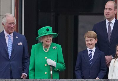 Prince Charles, Queen Elizabeth II, Prince George and Prince William appear on the balcony of Buckingham Palace during the platinum jubilee pageant on Sunday. Photo: AP