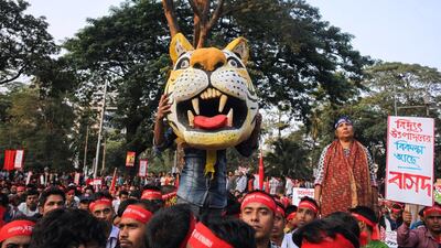 Protesters rally against the proposed Rampal power plant, which will be just a few kilometres away from the Sundarbans. According to the Unesco, the project threatens the mangroves’ endangered tigers and dolphin species. Anik Rahman Getty Images