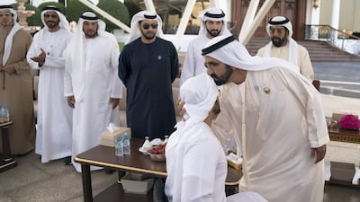 Sheikh Mohammed bin Rashid receives Sheikh Zayed bin Hamdan, who was injured on August 2017, while serving in Yemen. Abdullah Al Junaibi for the Crown Prince Court - Abu Dhabi
