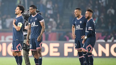 Marquinhos, Presnel Kimpembe, Kylian Mbappe and Neymar on the pitch after PSG clinch the Ligue 1 title. AFP