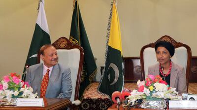 Ms Omar with the President of Azad Kashmir, Sultan Mehmood Chaudhry, during her visit to Muzaffarabad, in Pakistan-administrated Kashmir, in April. Reuters