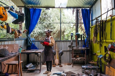 Maggie Otieno’s Sojourner: The Difference is the Same at Efie Gallery draws on almost three decades of working with reclaimed and distressed materials. Photo: Efie Gallery